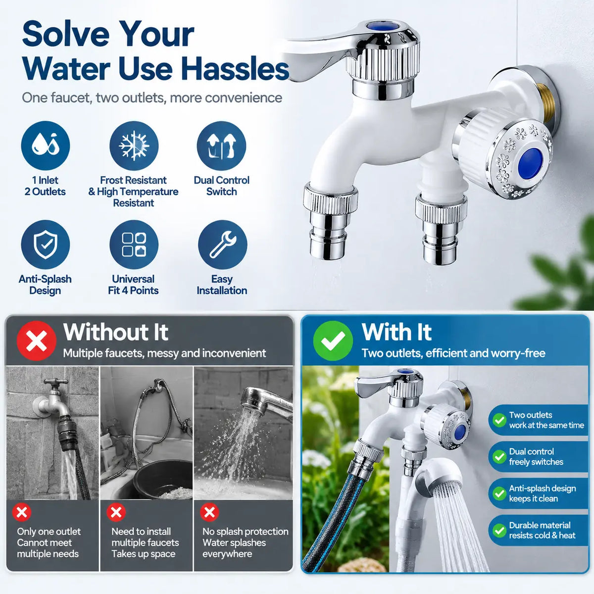 Universal Anti-Freeze Dual Outlet Faucet – 1 In 2 Out Water Tap