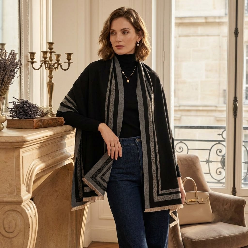 Pearvely | Leopard Accent Jacquard Winter Scarf